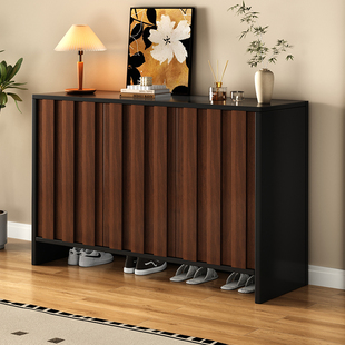 实木鞋柜家用门口中古风门外走廊玄关收纳柜一体骨骼线靠墙储物柜