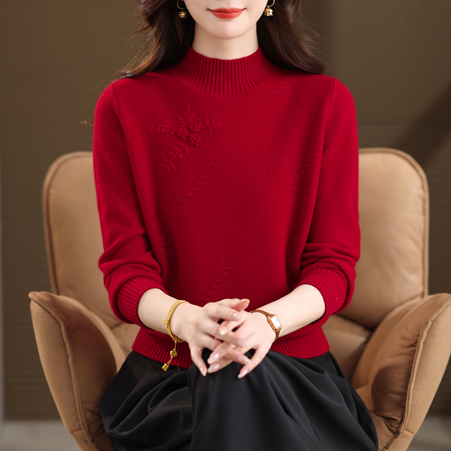 100%纯羊毛打底衫女半高领加厚妈妈毛衣秋冬2025新款保暖针织上衣