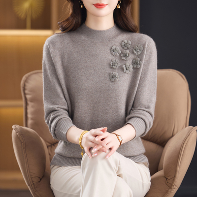 羊毛衫女100%纯羊毛半高领加厚妈妈毛衣冬季新款保暖针织绒打底衫