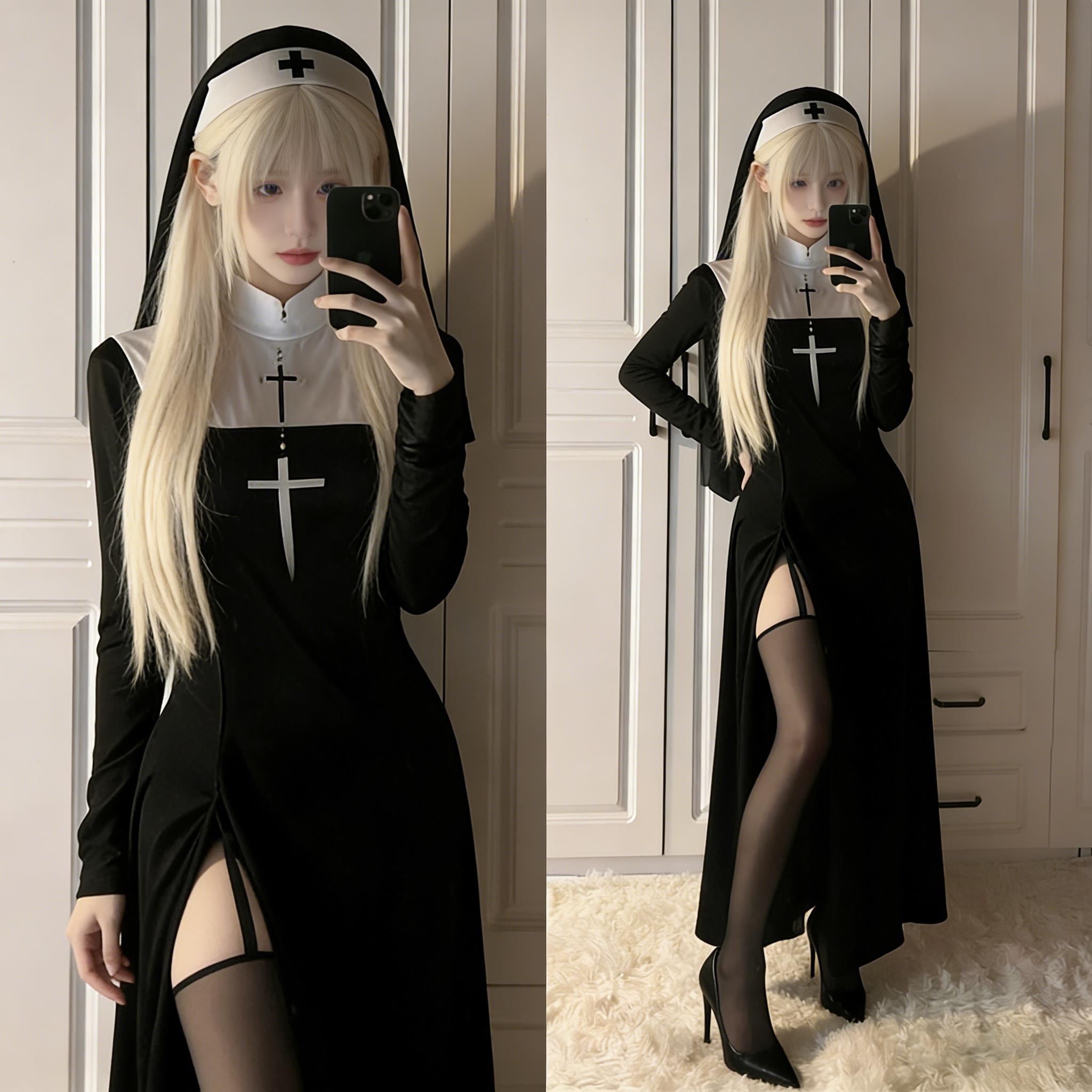 修女服cos哥特服装开叉包臀连衣