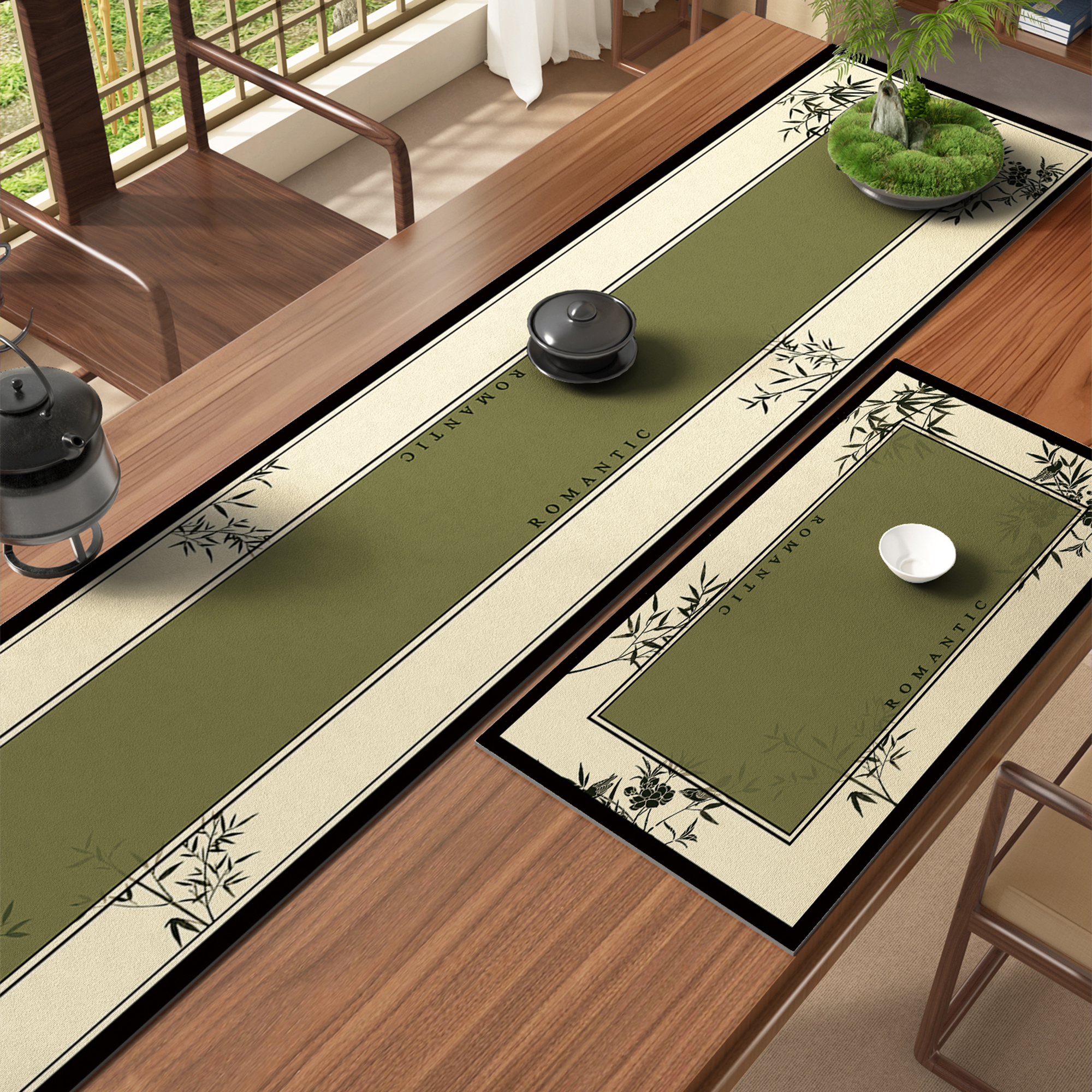 桌旗禅意茶席竹韵绿色新中式茶桌垫布茶台吸水垫中间长条茶席桌布