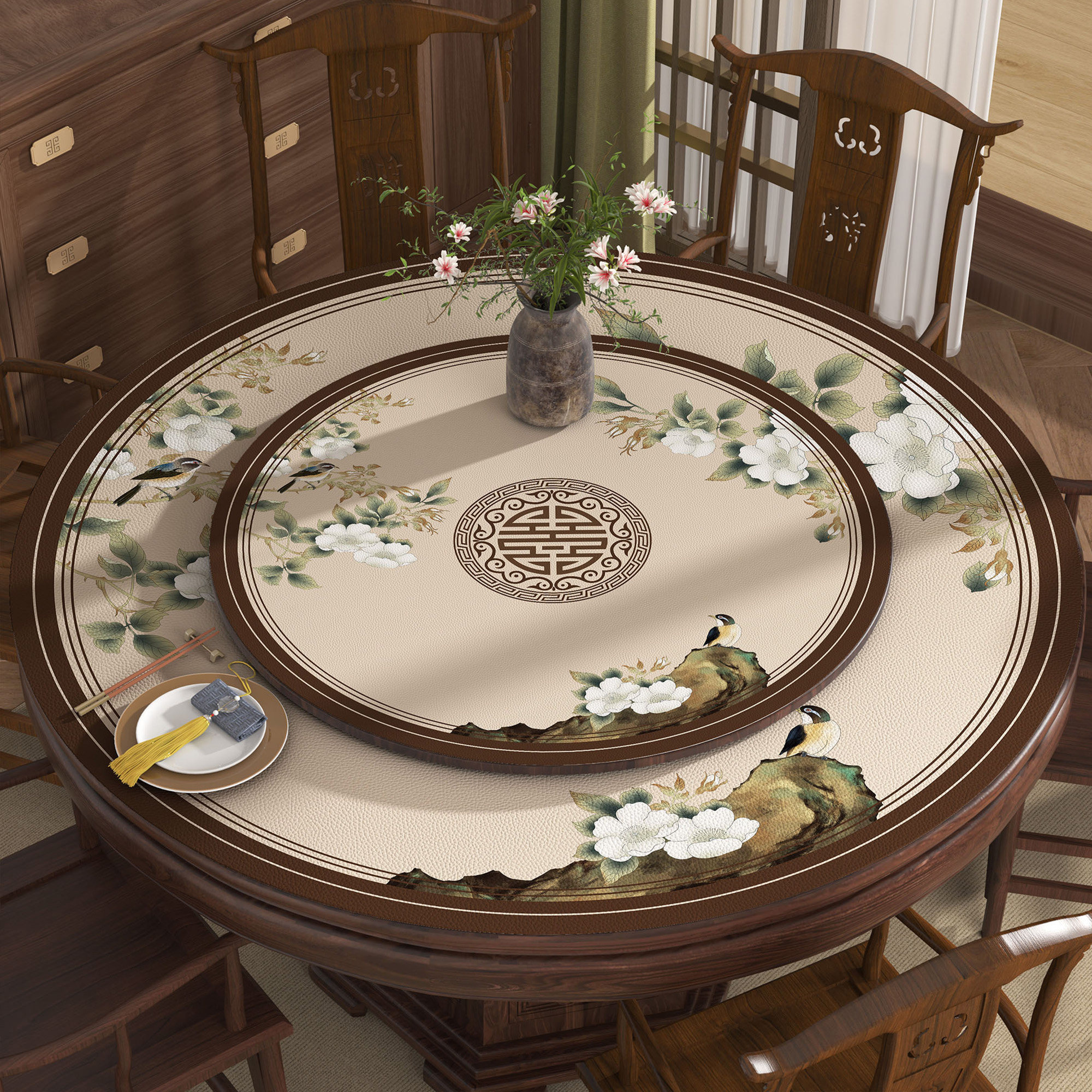 新中式大圆桌桌垫防水防烫免洗双层转盘圆形餐桌垫皮革茶几桌面垫,居家布艺,桌布,淘宝优惠券,粉丝福利购,淘宝优惠卷