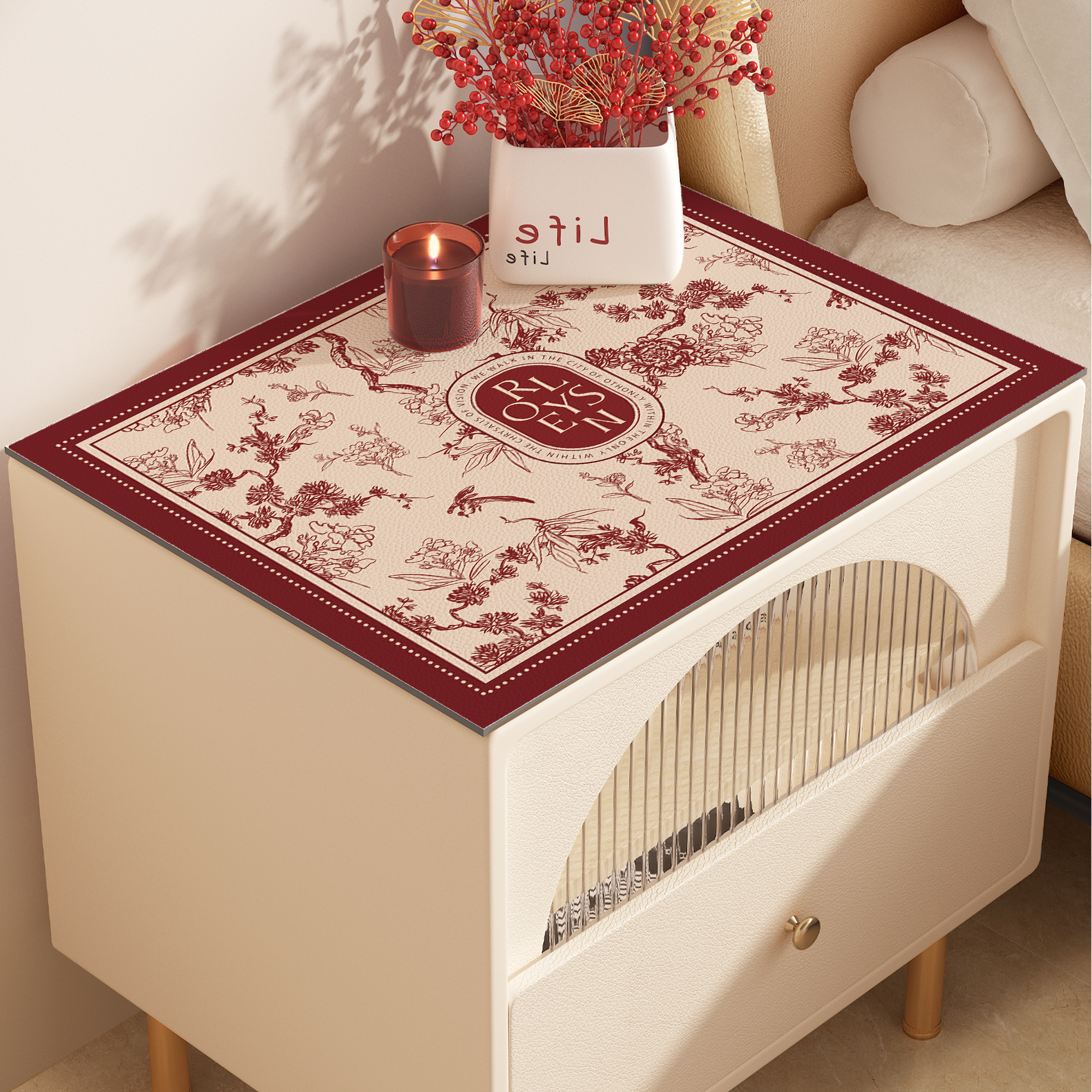 结婚床头柜垫子婚房布置红色喜庆桌面保护垫防尘盖布防水皮革桌垫