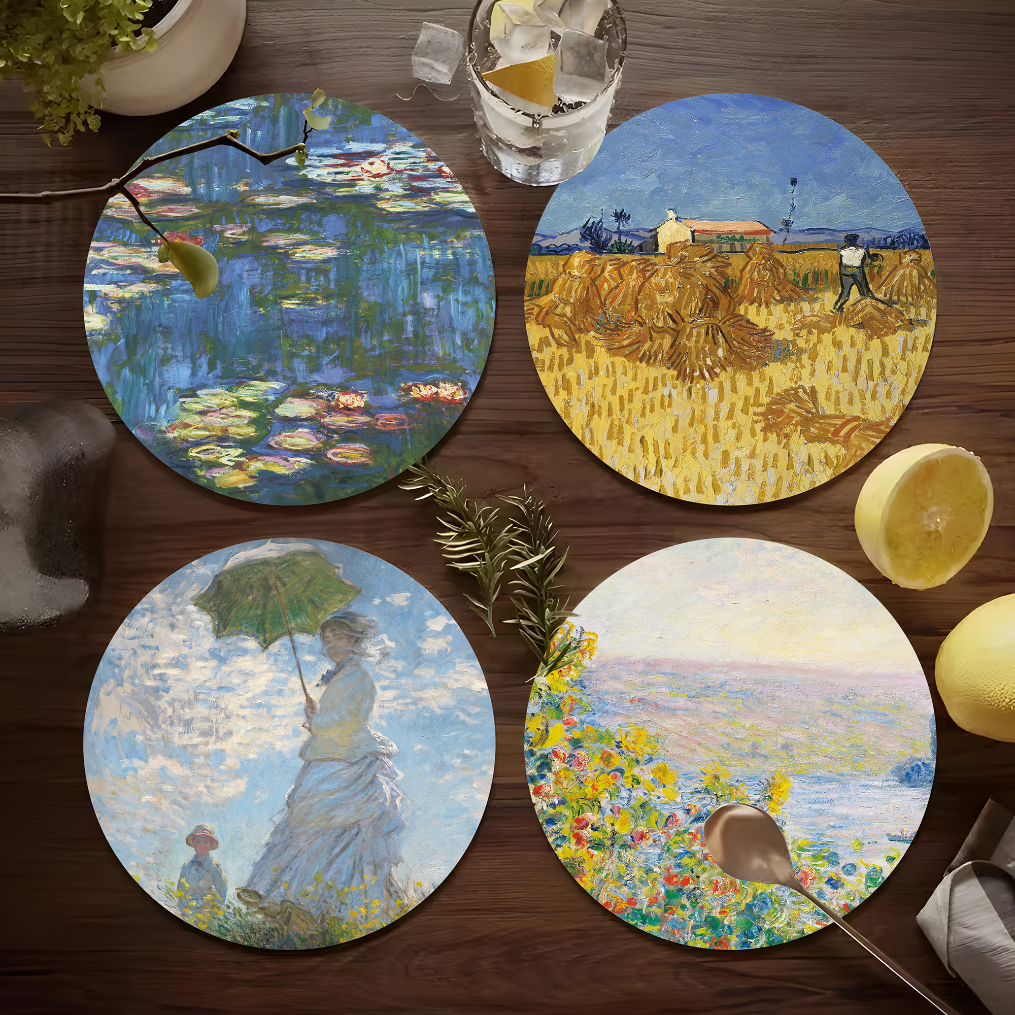 莫奈油画餐桌隔热垫圆形皮革小餐垫免洗防水防油碗垫餐盘垫水杯垫