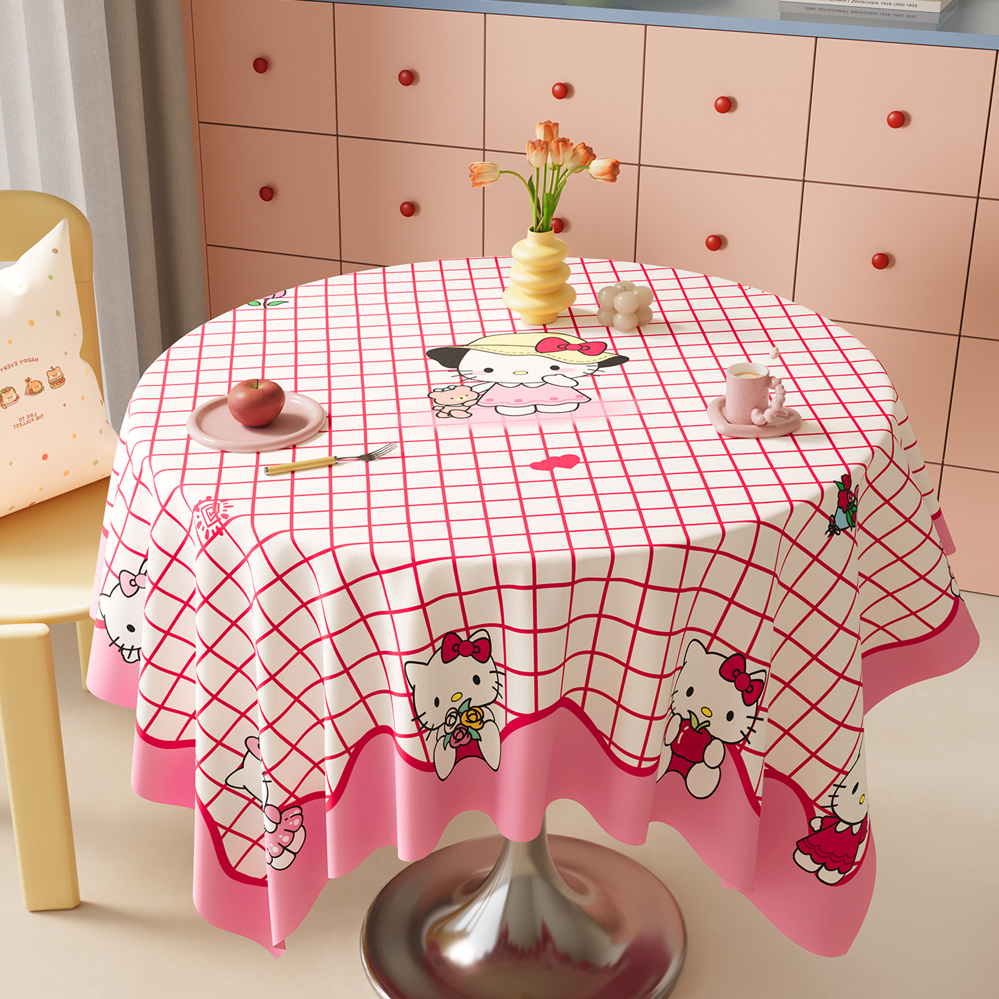 HelloKitty粉色桌布防水防油免洗轻奢高级感茶几台布小圆桌盖布巾,居家布艺,桌布,淘宝优惠券,粉丝福利购,淘宝优惠卷