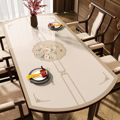 中式椭圆形餐桌布免洗防水防油防烫pvc软玻璃圆桌桌垫可折叠伸缩