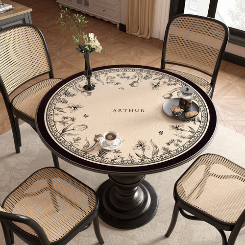 中古风圆桌垫免洗防水防油防烫皮革圆桌桌布轻奢高级感圆形桌面垫