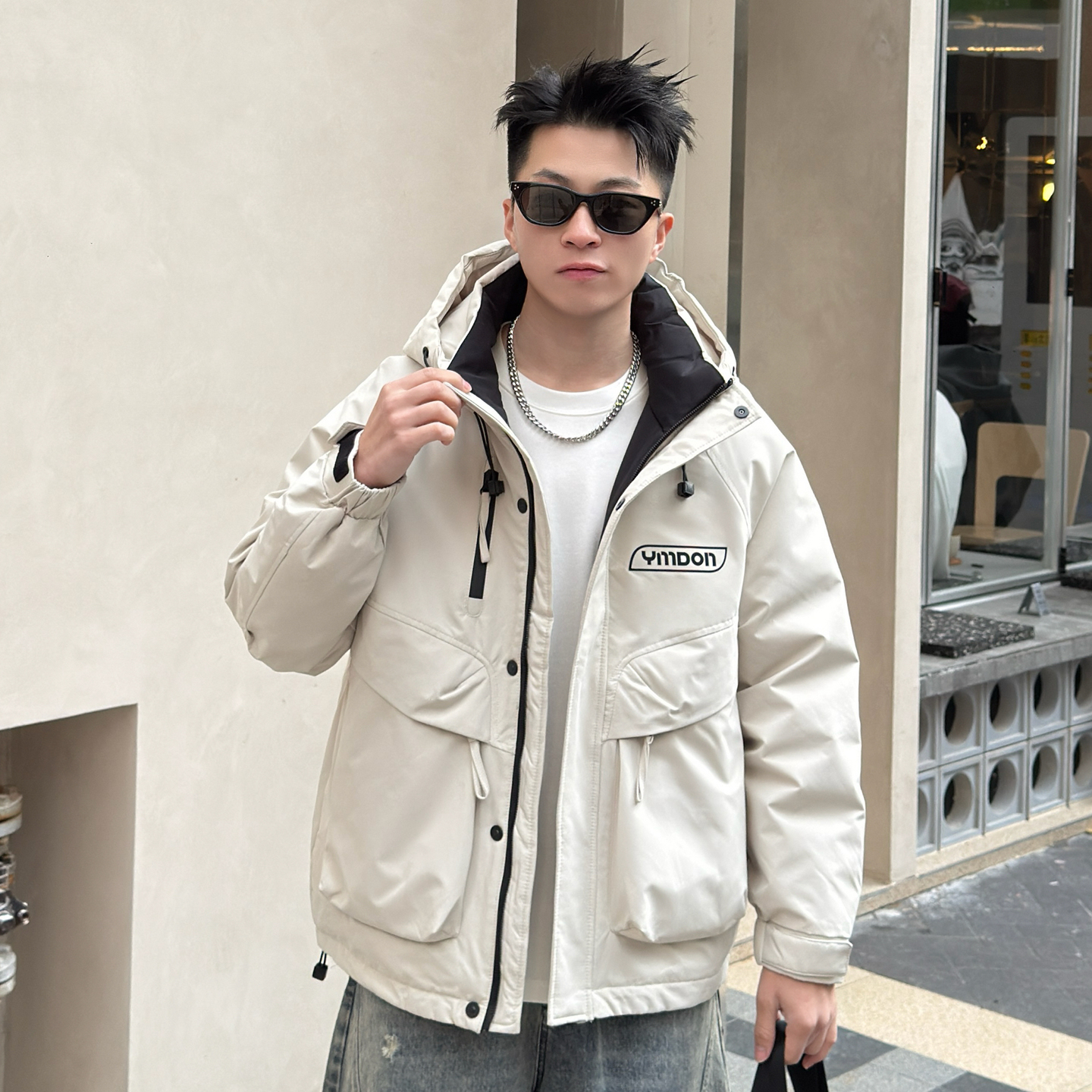 冬季情侣款宽松拉链口袋羽绒服男