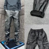 机车骑行工装 高街多口袋长裤 加绒皮裤 新款 男士 时尚 冬季 加厚休闲裤