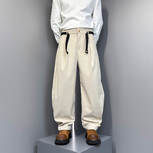 腰带痞帅运动裤 早秋休闲灯芯绒弯刀裤 加绒个性 冬季 宽松直筒阔腿裤