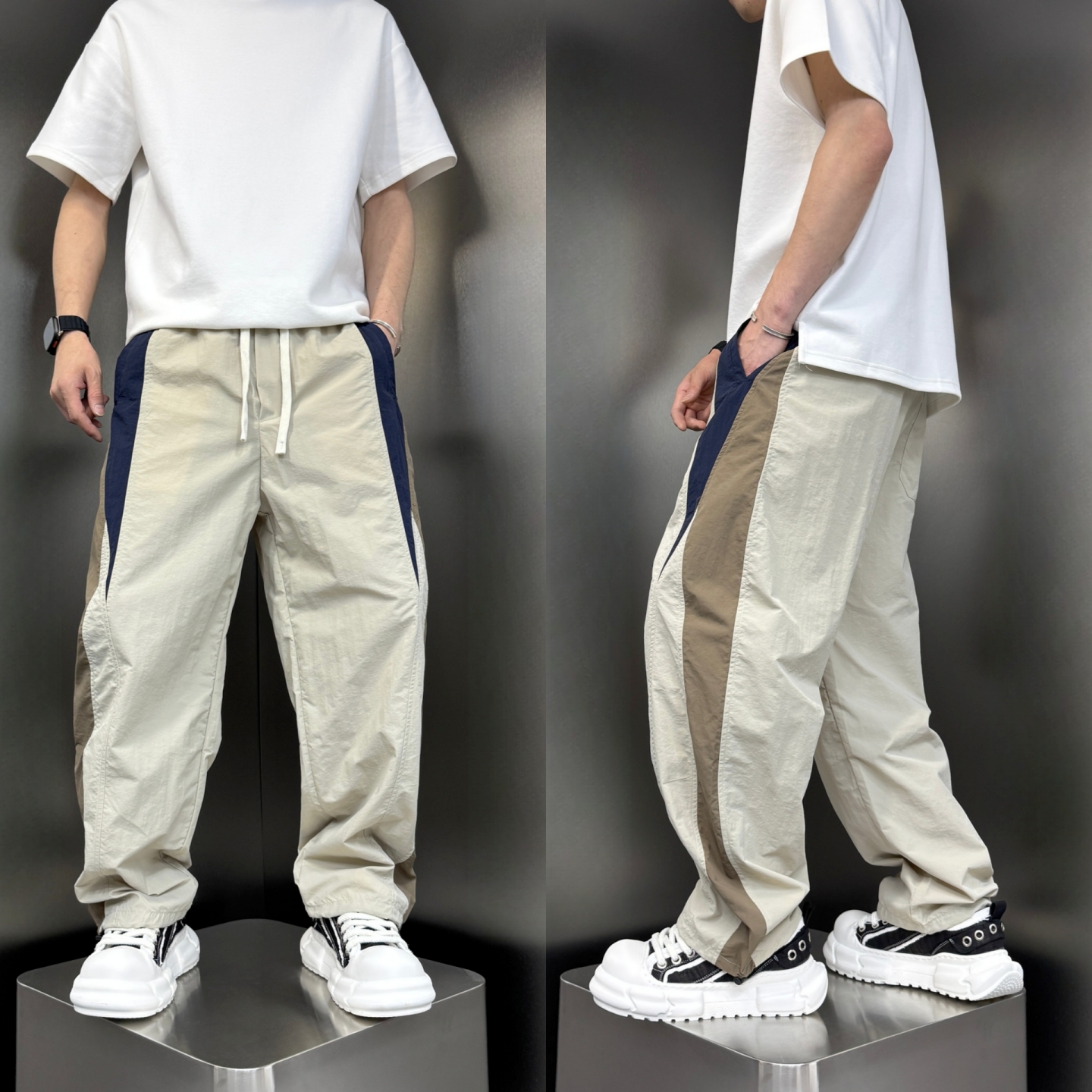 夏拼色条纹休闲裤速干凉感阔腿裤