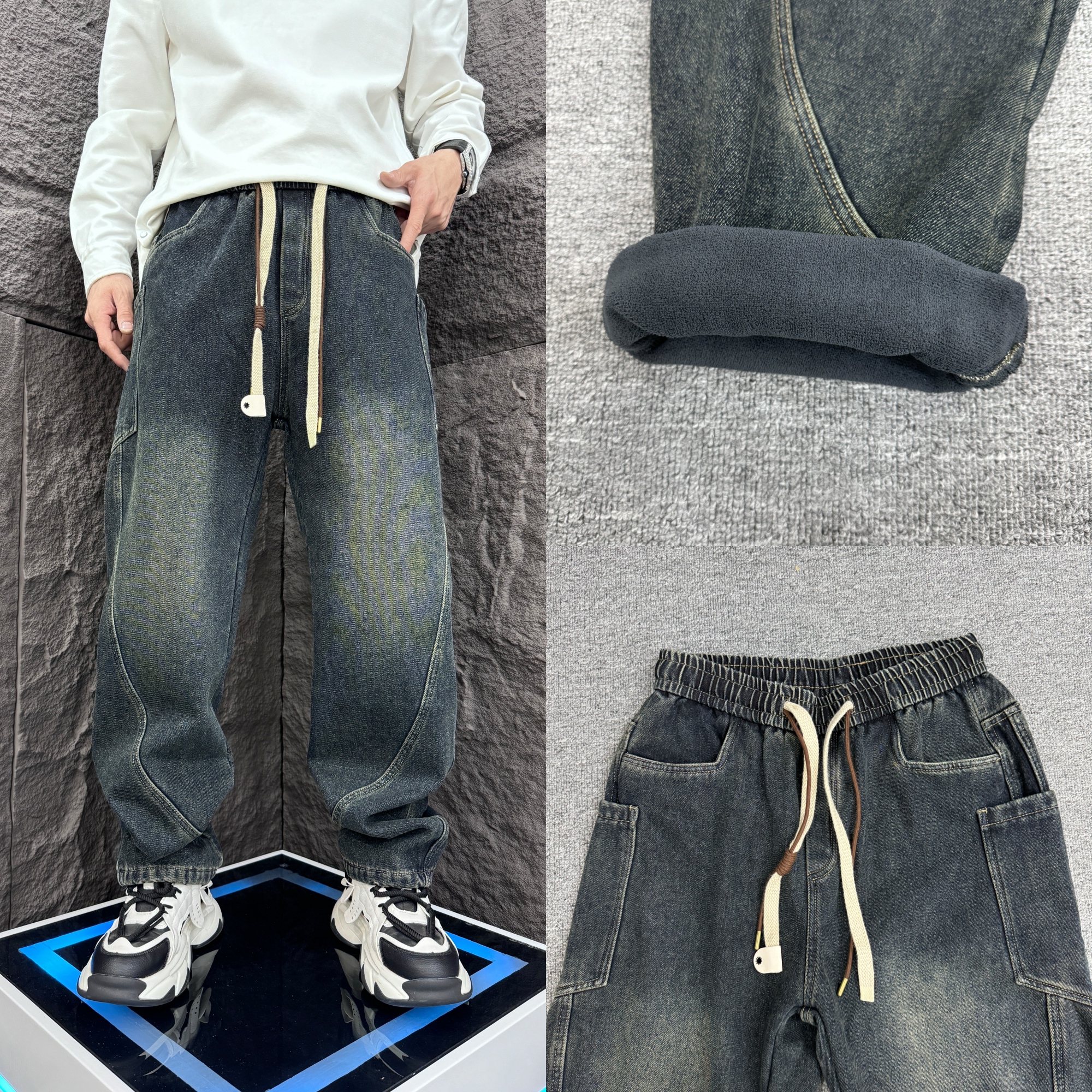 秋冬新款加绒牛仔裤男宽松直筒裤