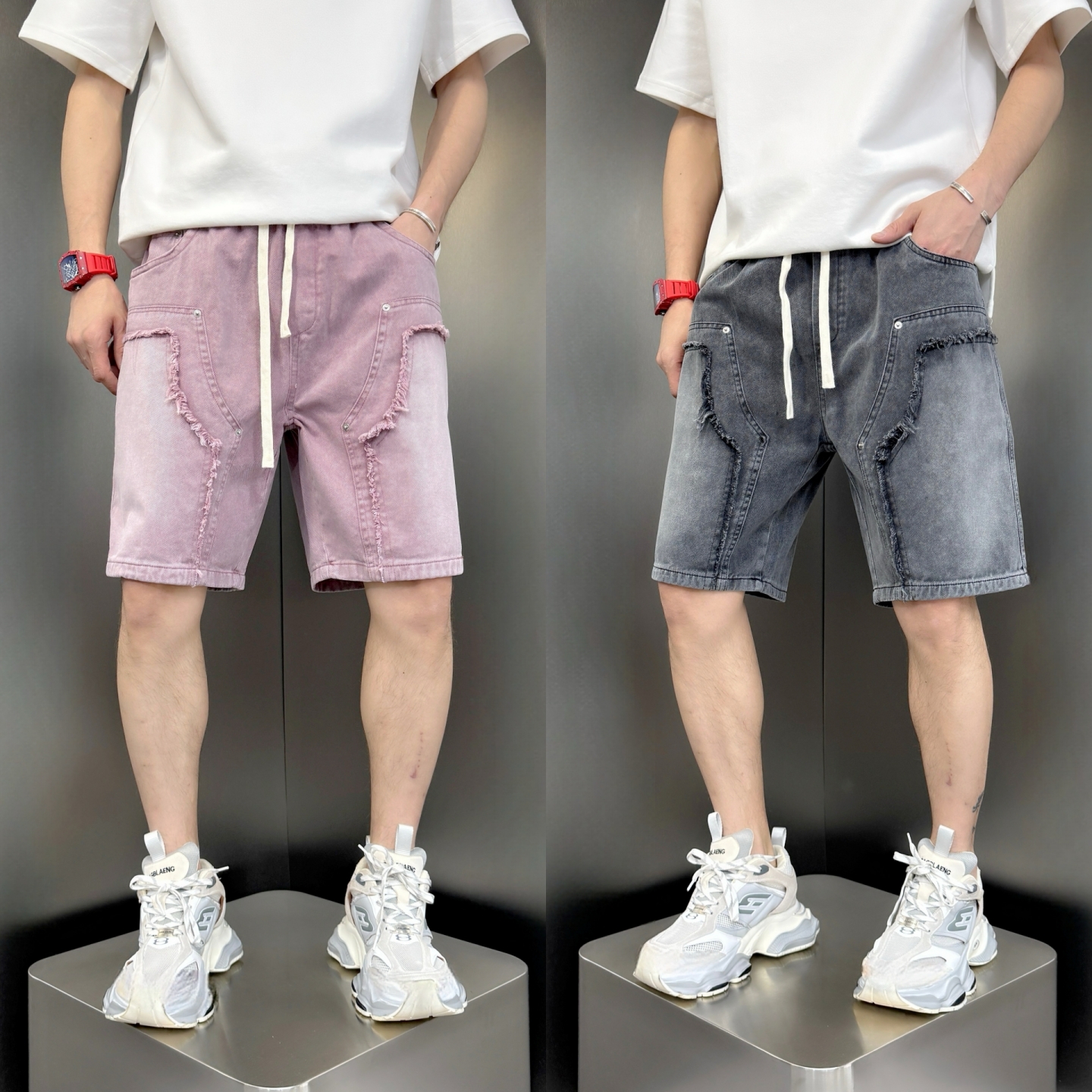 夏季渐变牛仔短裤宽松直筒沙滩裤