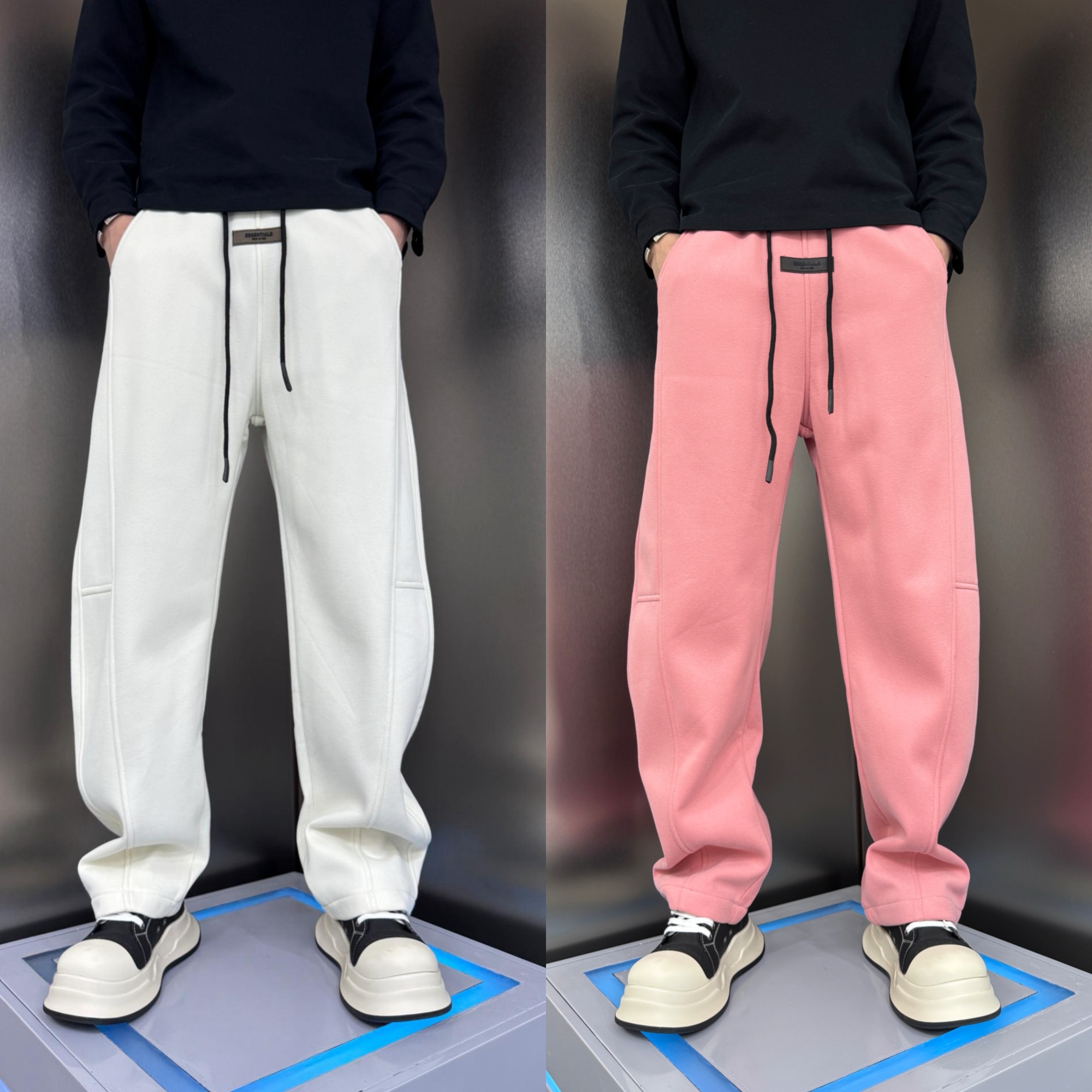 冬季加绒拼接弯刀裤宽松直筒阔腿哈伦裤青年纯色重磅潮牌运动卫裤