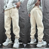 青年加绒保暖痞帅休闲裤 秋冬加厚束脚运动卫裤 纯色百搭拼接哈伦裤