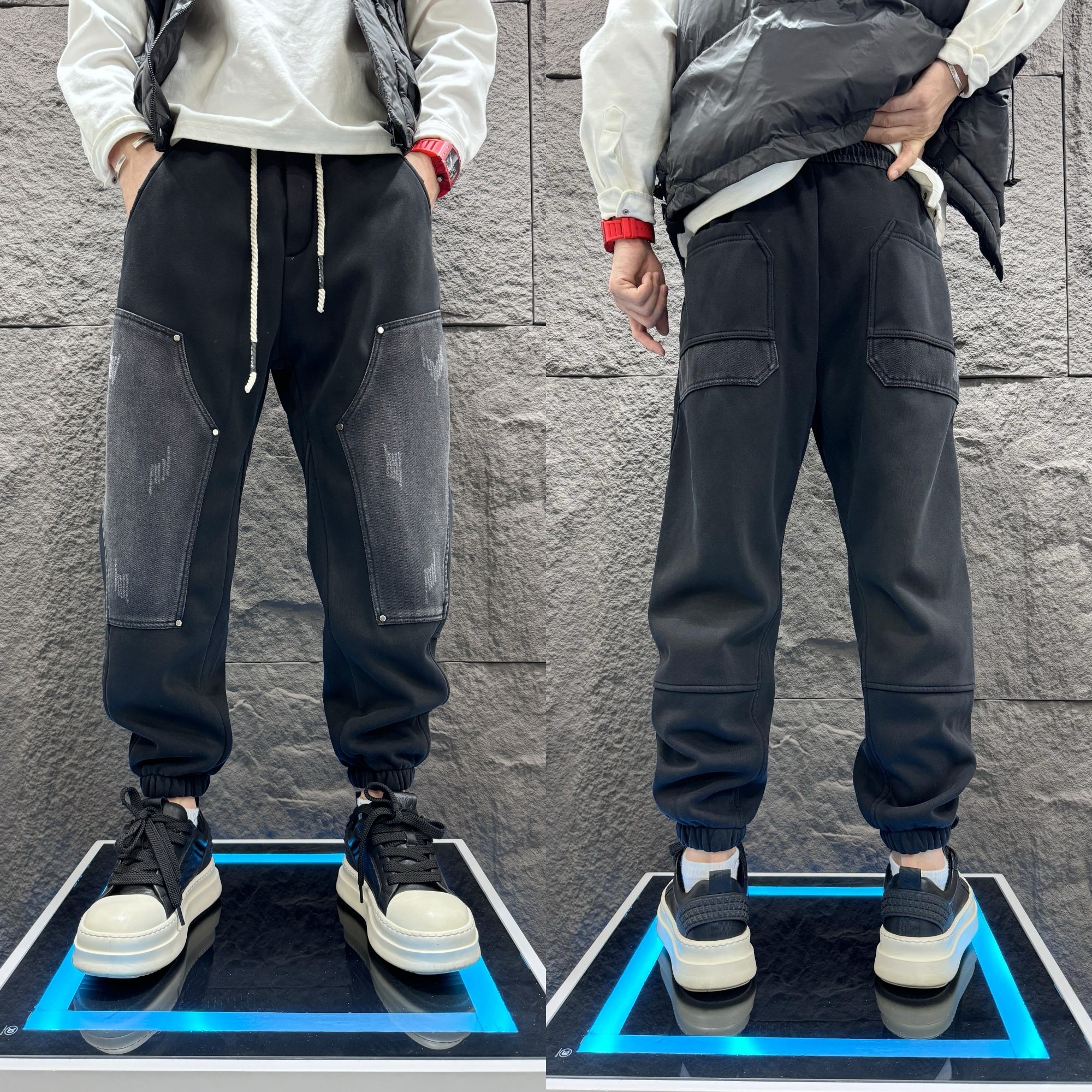 男士宽松拼接哈伦裤2024秋冬加绒加厚休闲裤渐变色百搭束脚卫裤子,男装,休闲裤,淘宝优惠券,粉丝福利购,淘宝优惠卷