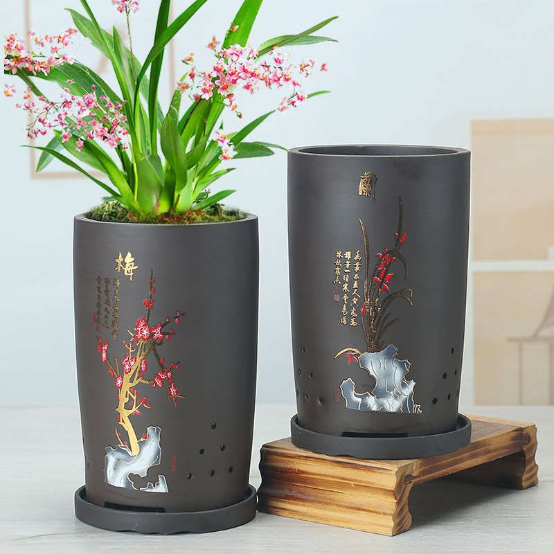 风透气陶瓷紫砂花盆大码2023新款大号梅兰竹菊兰花盆托盘