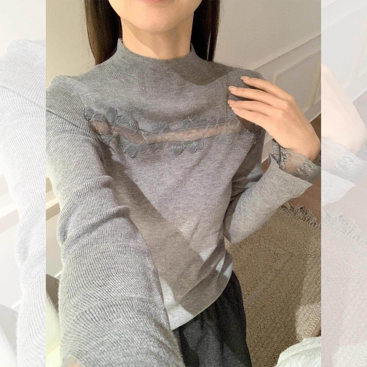 韩系灰色半高领镂空针织打底衫女秋冬轻奢高级感内搭蕾丝拼接上衣,女装/女士精品,毛针织衫,淘宝优惠券,粉丝福利购,淘宝优惠卷