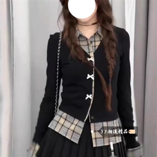 韩系学院风假两件格子针织开衫女夏季季收腰显瘦内搭长袖t恤上衣