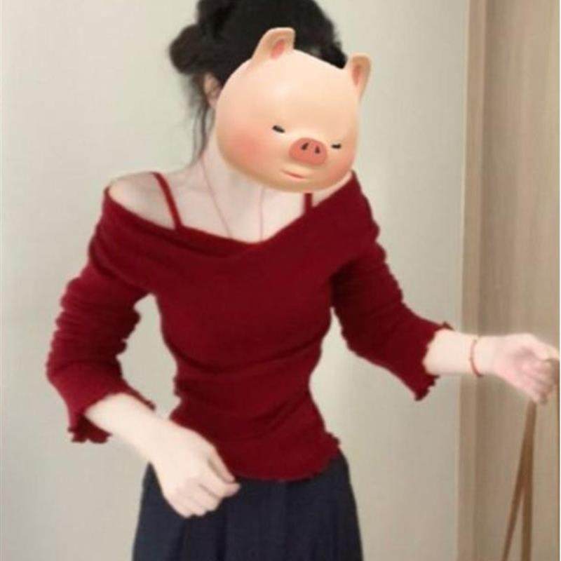 红色假两件荡领打底衫女春秋内搭可外穿韩系修身显瘦吊带露肩上衣,女装/女士精品,毛针织衫,淘宝优惠券,粉丝福利购,淘宝优惠卷