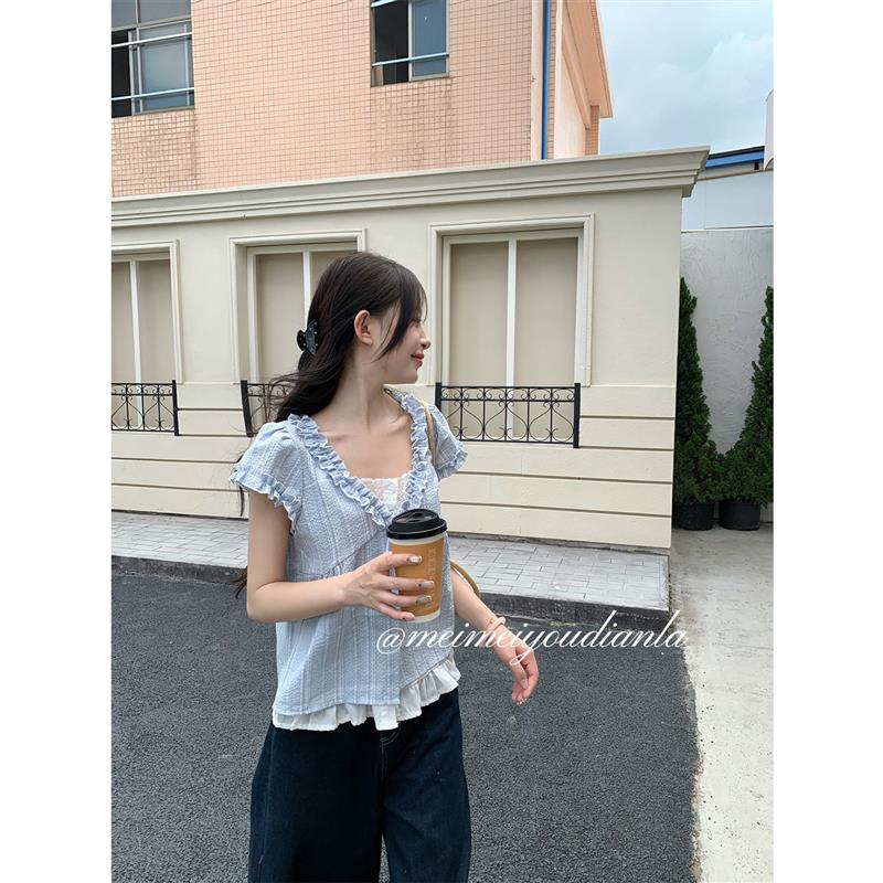莓莓有点辣自制 假两件蓝色短袖衬衫女装夏季木耳边系带衬衣上衣
