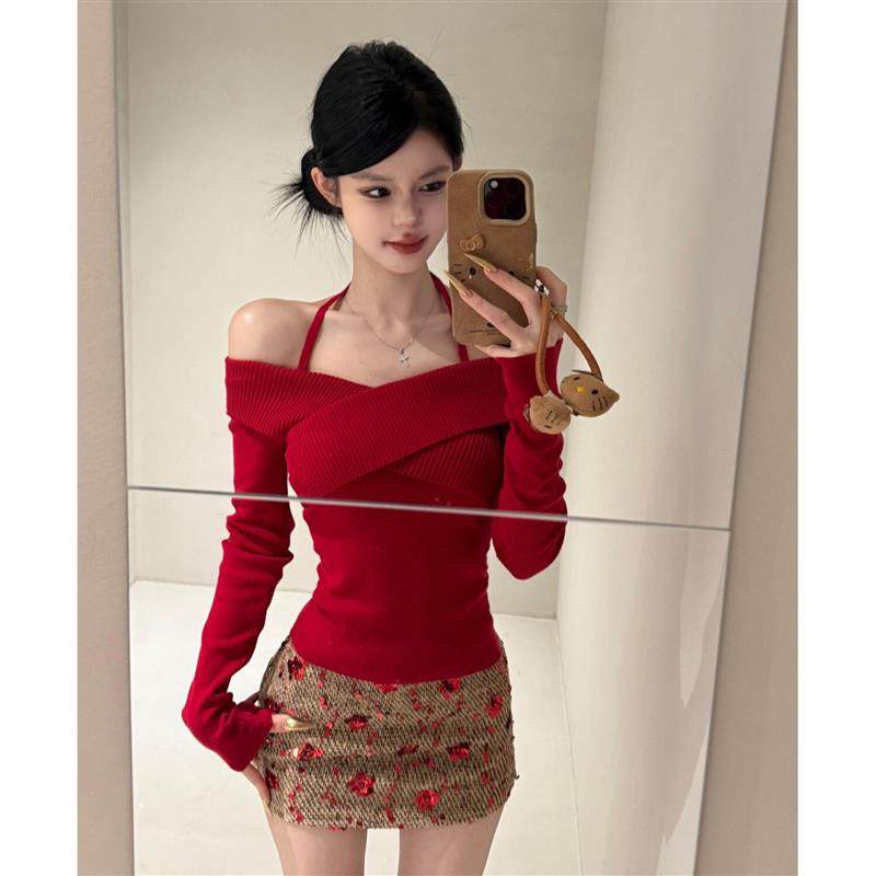 美式辣妹交叉挂脖一字肩红色针织打底衫女春秋季爆款新年穿搭毛衣,女装/女士精品,毛针织衫,淘宝优惠券,粉丝福利购,淘宝优惠卷