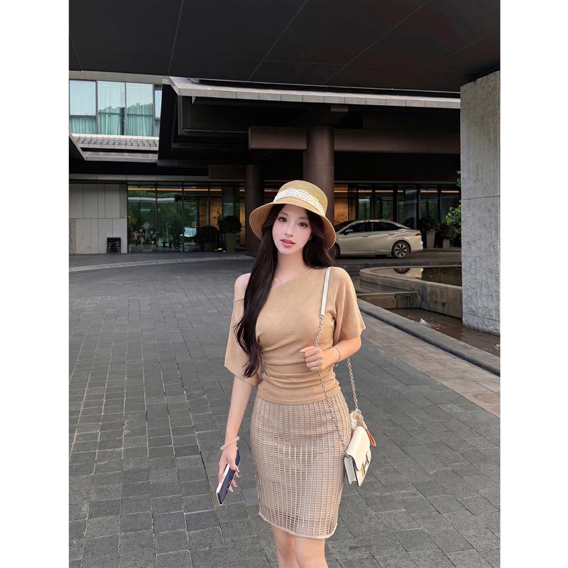 橘色斜肩收腰针织上衣女装夏季轻熟风套装蕾丝包臀半身短裙两件套