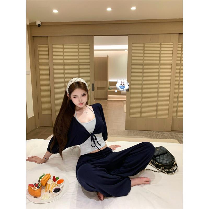 藏青色灯笼袖短款开衫内搭挂脖吊带女夏季休闲套装阔腿长裤三件套图片