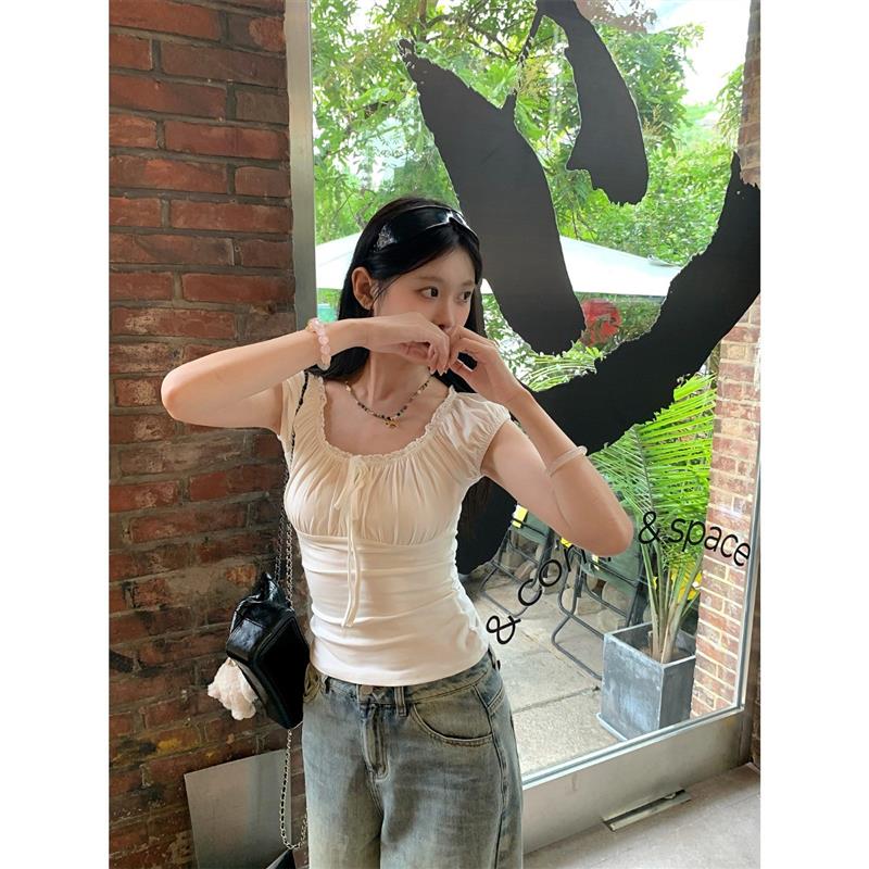 韩系白色方领bm风短袖T恤女夏季蕾丝花边系带修身短款甜辣妹上衣