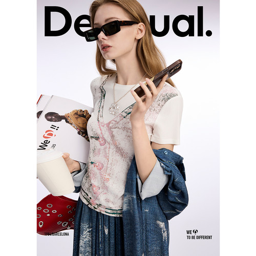 Desigual26春夏新品弹力修身假两件印花短袖女式T恤