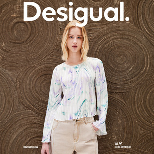 Desigual抽象花朵印花压褶喇叭袖圆领女式上衣