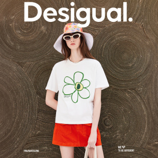 女白色 短袖 Desigual花朵印花刺绣圆领女式 T恤夏季