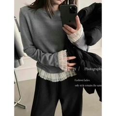 韩系宽松大码蕾丝花边恤女秋冬打底衫内搭黑色独特绝美上衣慵懒风