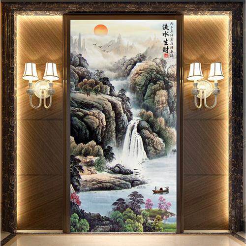 新中式玄关壁纸入户山水风景瀑布竖版墙纸8d进门流水生财过道壁画