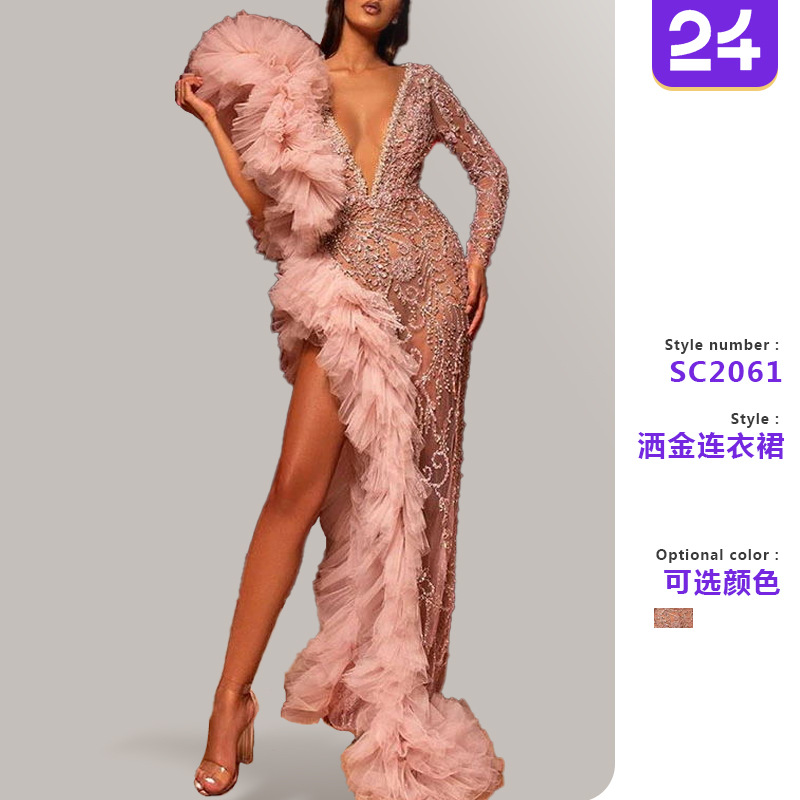 2025新款欧美女装连衣裙性感亮片长袖不规则晚礼服