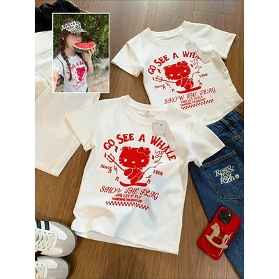 海外订单外贸撤回尾货~美式纯棉短款恶魔KT猫印花男女短袖T恤上衣