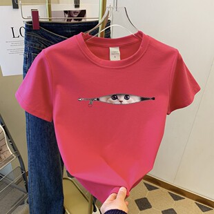外贸清仓 T恤女上衣潮 品牌尾货捡漏纯棉短款 猫咪印花休闲百搭短袖