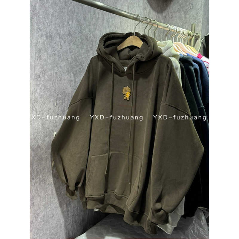 广州十三行夏季外贸~韩版设计感印花加绒加厚连帽卫衣长袖上衣潮