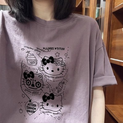 海外订单外贸撤回尾货~纯棉美式高街复古KT猫短袖T恤男女宽松上衣