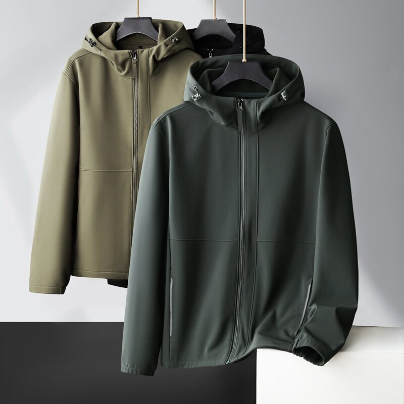 秋季软壳薄绒冲锋衣外套男大码连帽加厚休闲卫衣加肥加大弹力