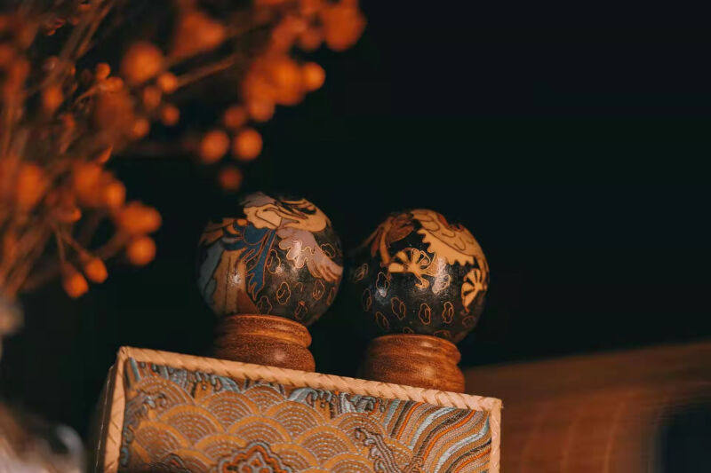 保定健身球空心铃音景泰蓝龙凤呈祥手握手转球球盘球铁球锦盒黑底