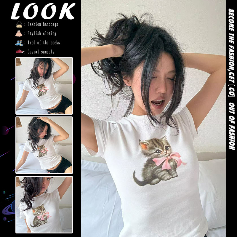美式可爱猫咪印花短袖t恤女夏季新款修身显瘦正肩小个子短款上衣