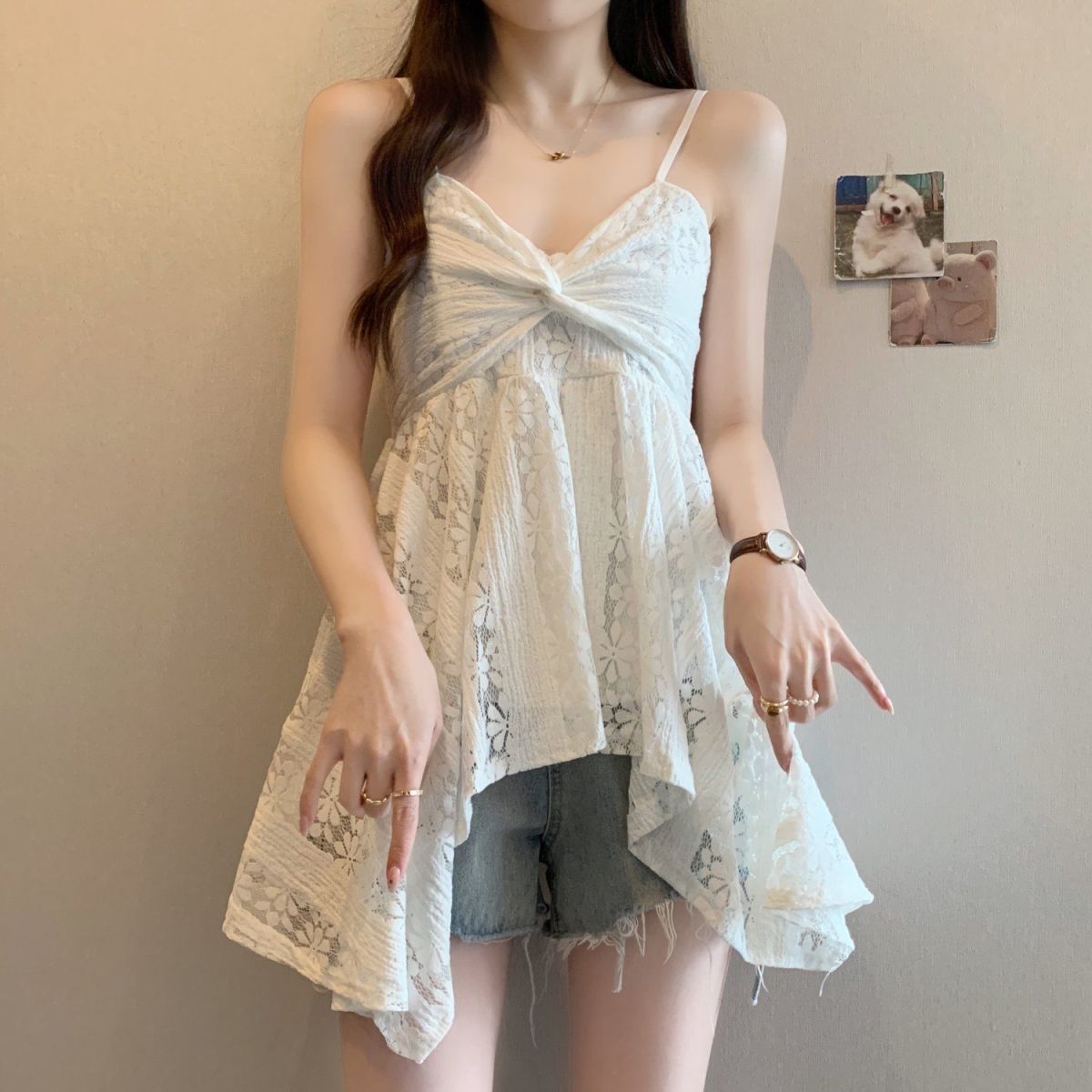 大码胖mm法式纯欲风蕾丝背心吊带夏季新款女装不规则遮肚内搭上衣