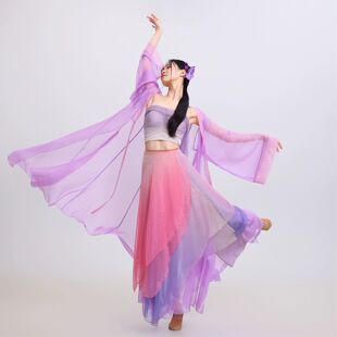 广袖 素大袖 飘逸舞蹈服 超仙气渐变色古典舞演出服连衣裙汉元 新款
