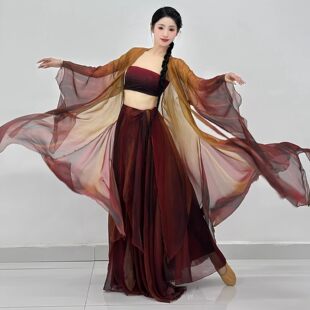 新款国风古典舞飘逸复古红古风舞服爵士渐变纱衣飘逸纱裙演出服
