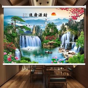 山水画窗帘办公室展厅会议室客厅遮光字画卷帘升降手拉式 定制中式