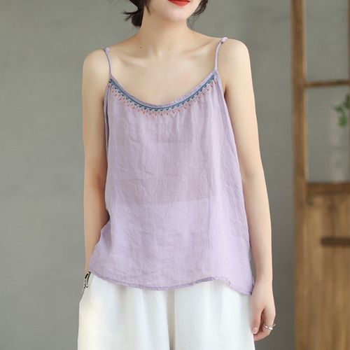 速发夏天上款复古刺袖花边棉麻小吊带背心外穿内搭无绣纯色薄衣
