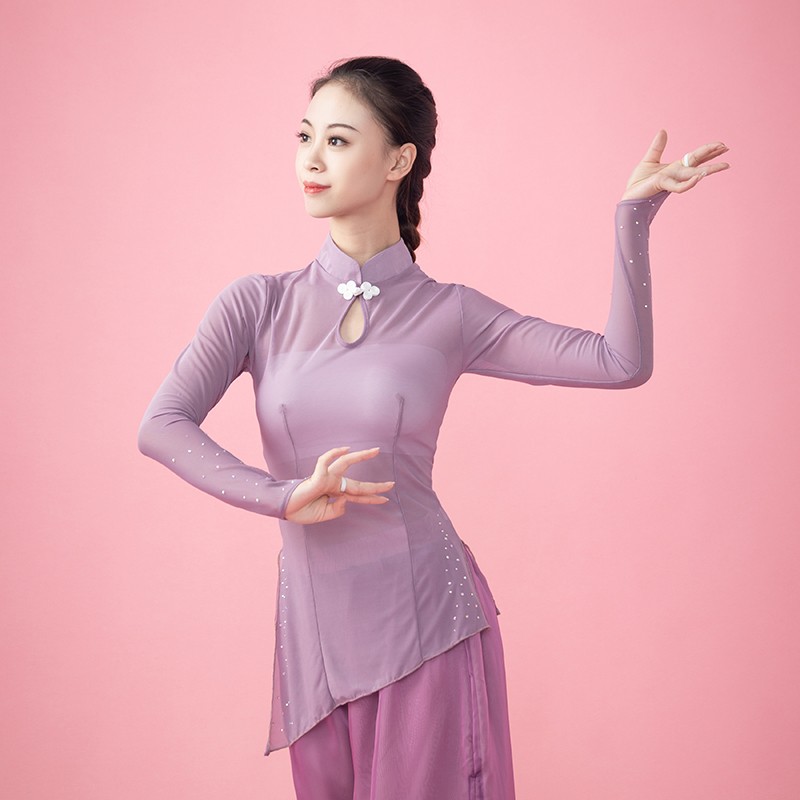 速发古典舞纱衣芭蕾族蹈服烫舞民舞身韵服旗袍领中国钻演出练功服