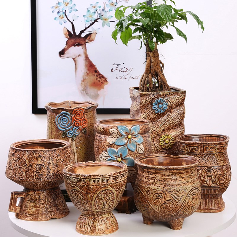 速发桩肉花盆大号老多盆大口径老庄植花创意简约陶罐粗陶陶瓷小物