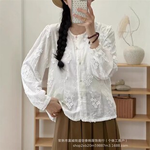 现货速发2561立体浮雕刺绣宽松廓形棉无领系扣长袖 春